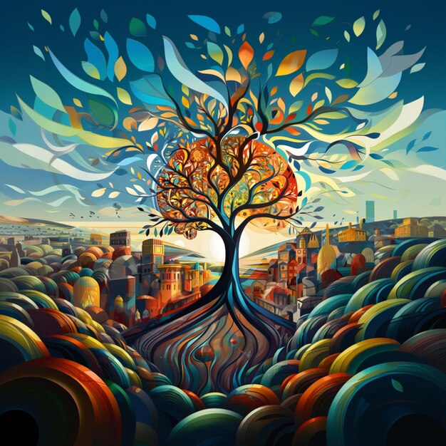 Photo painting of a tree with a colorful swirly design in the middle of a city generative ai