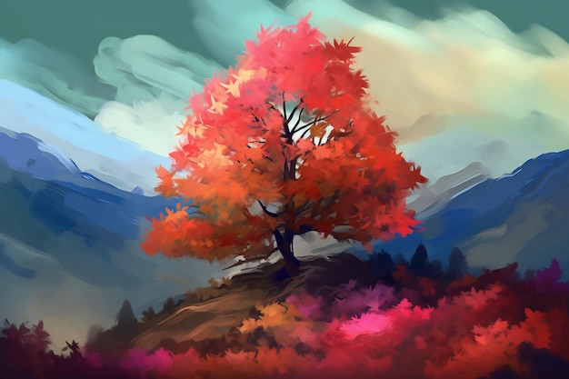 A painting of a tree with a colorful tree in the foreground.