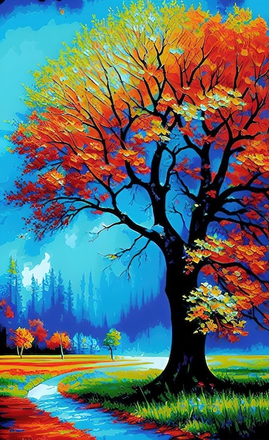 A painting of a tree with the colors of autumn.