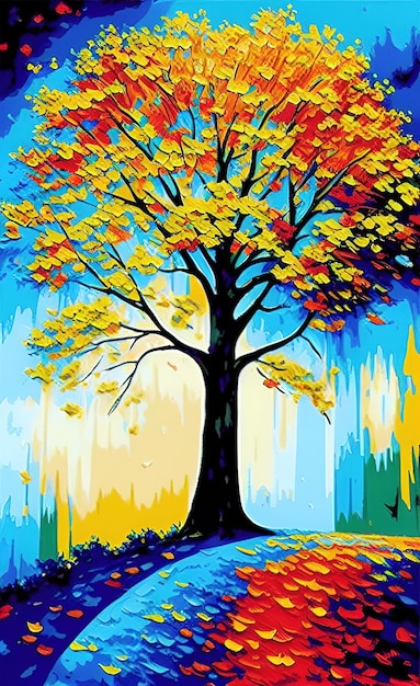 A painting of a tree with the colors of autumn.