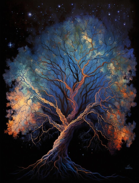 A painting of a tree with the colors of the universe.