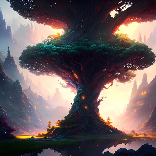 A painting of a tree with a fire in the middle