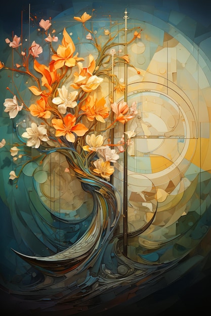 painting of a tree with flowers and a bird in a stained glass window generative ai