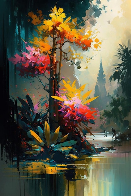 A painting of a tree with flowers in the foreground