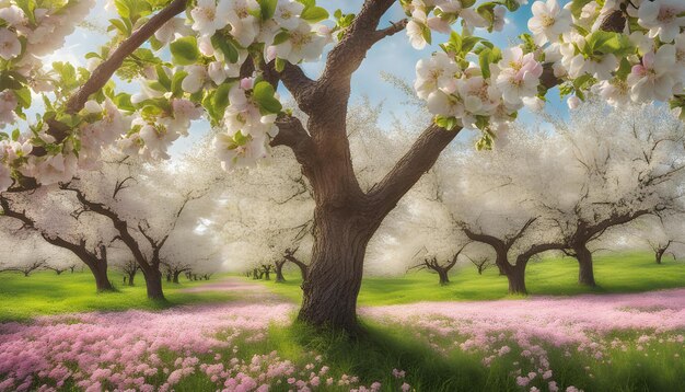 Foto un dipinto di un albero con fiori e le parole primavera su di esso