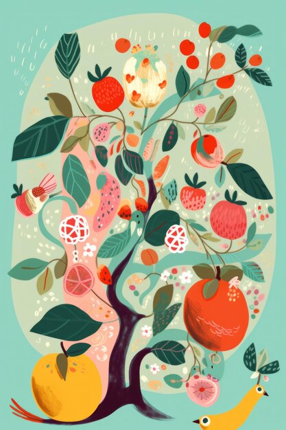 Photo a painting of a tree with fruit and a bird generative ai image