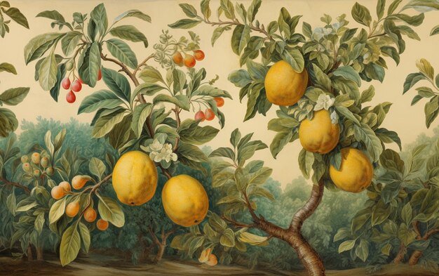 рисунок дерева с фруктами на нем и букетом фруктов на ветвях генеративный аи