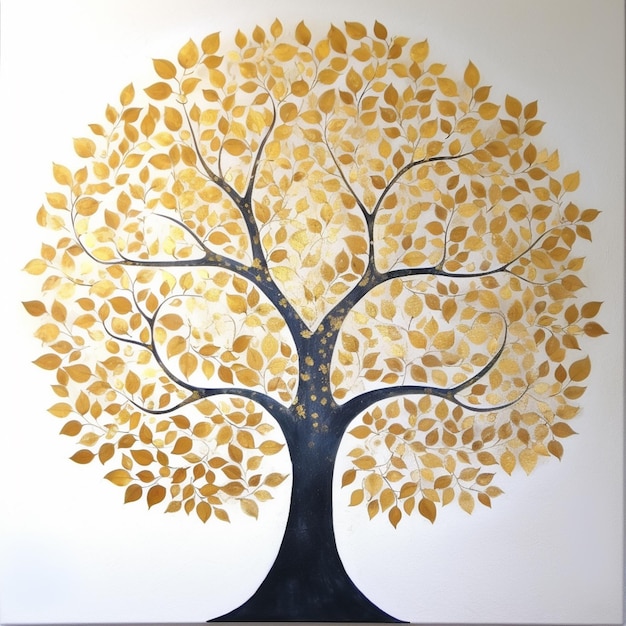 Painting of a tree with gold leaves on a white background generative ai