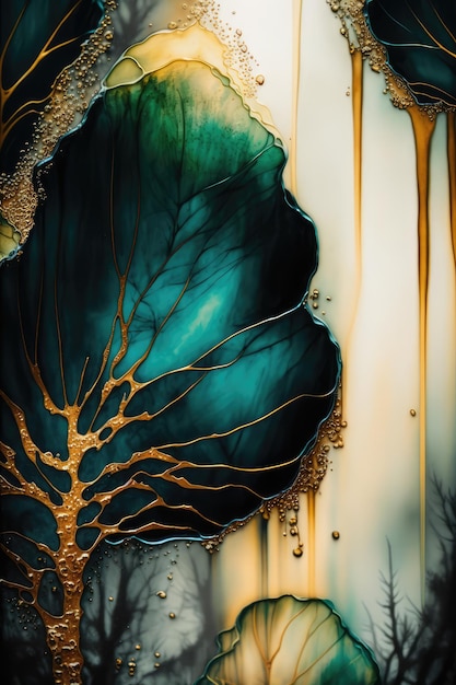 A painting of a tree with gold paint on it