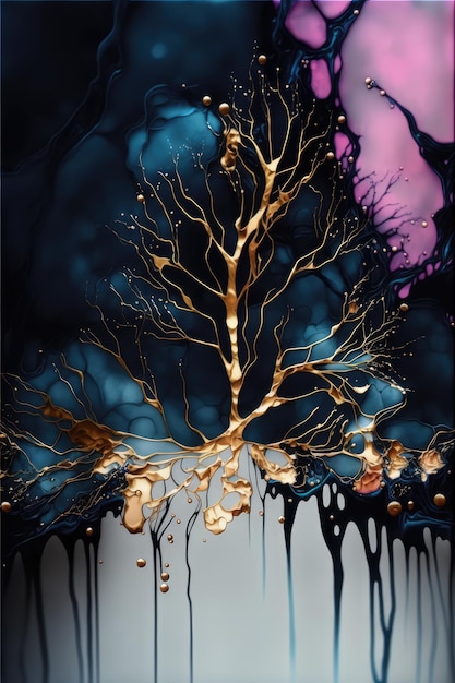 A painting of a tree with gold paint and purple and black paint.
