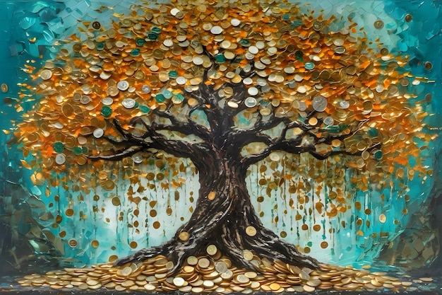 a painting of a tree with gold and silver beads