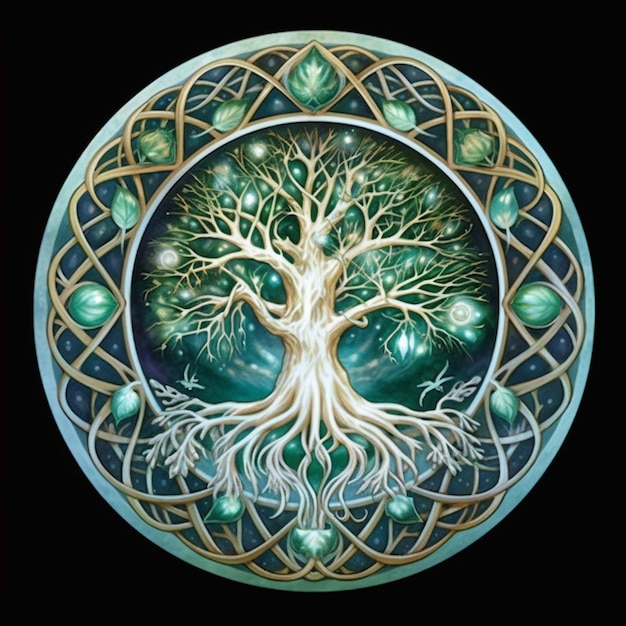 a painting of a tree with green leaves and a celtic knot generative ai