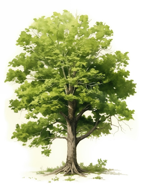 Un dipinto di un albero con foglie verdi e uno sfondo bianco