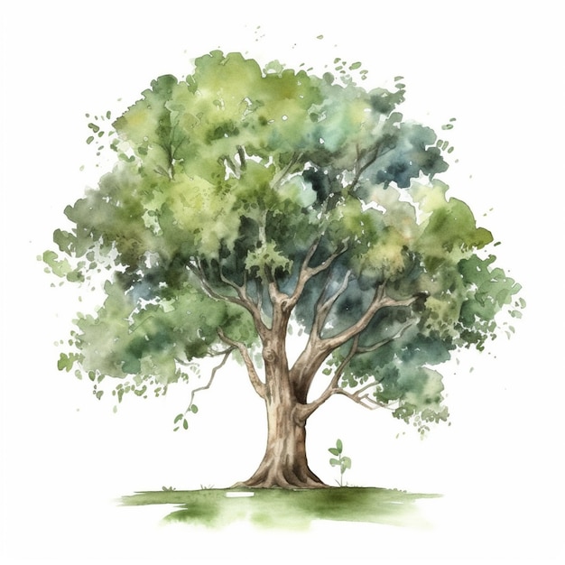 Картина дерева с зелеными листьями и белым фоном