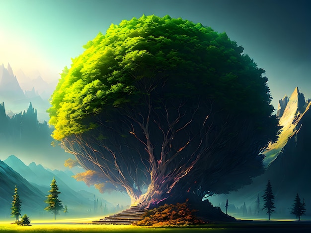 A painting of a tree with a green tree in the middle of it.