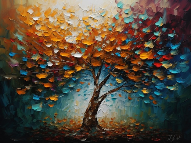 A painting of a tree with leaves on it