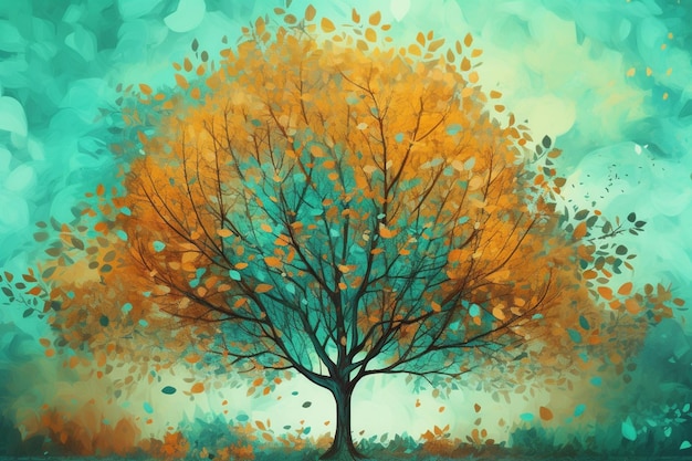 A painting of a tree with leaves on it