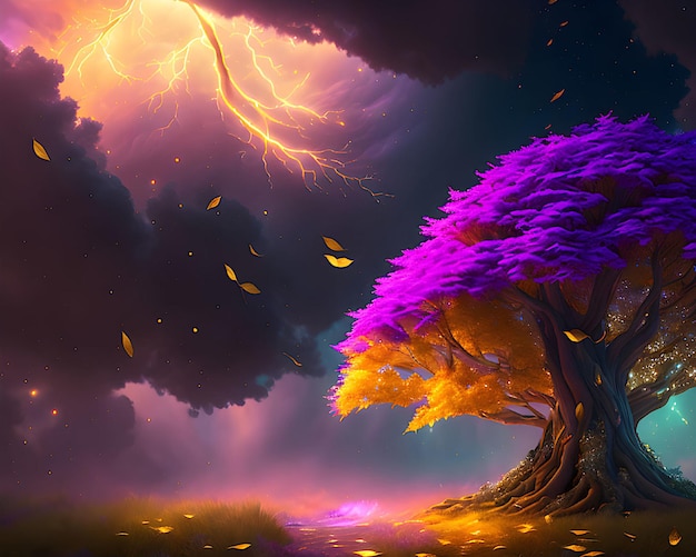 Foto un dipinto di un albero con un temporale sullo sfondo