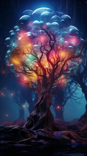 A painting of a tree with a lot of lights on it