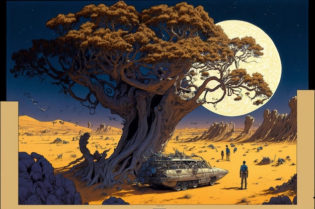 A painting of a tree with a man in a blue shirt standing in front of it.