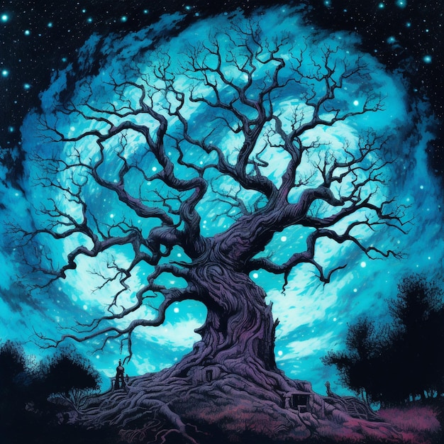 Painting of a tree with a man standing on a bench under a full moon generative ai