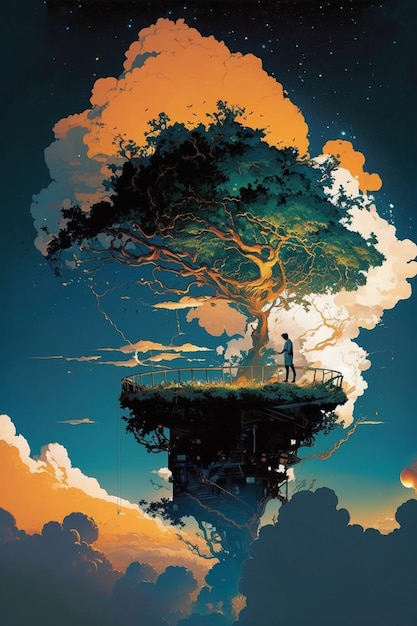 A painting of a tree with a man standing under it