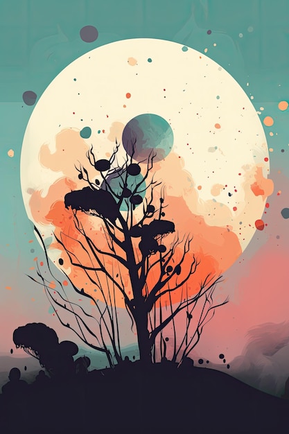 A painting of a tree with the moon in the background.