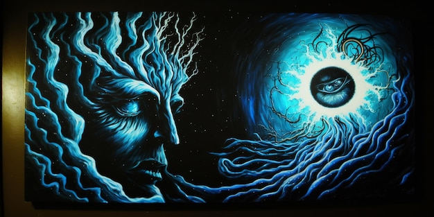 A painting of a tree with the moon in the background.