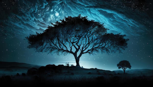 A painting of a tree with the moon behind it