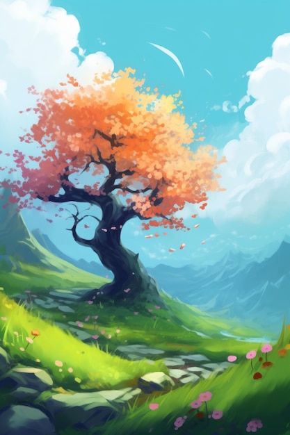 A painting of a tree with a mountain in the background