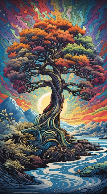 A painting of a tree with a mountain in the background.