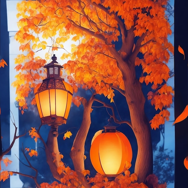 A painting of a tree with orange leaves and a lamp in the middle on mid autumn festival