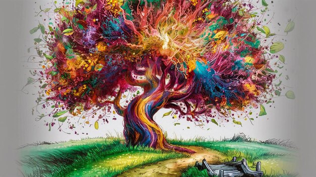 a painting of a tree with a painting of a tree with the words quot fire quot on it