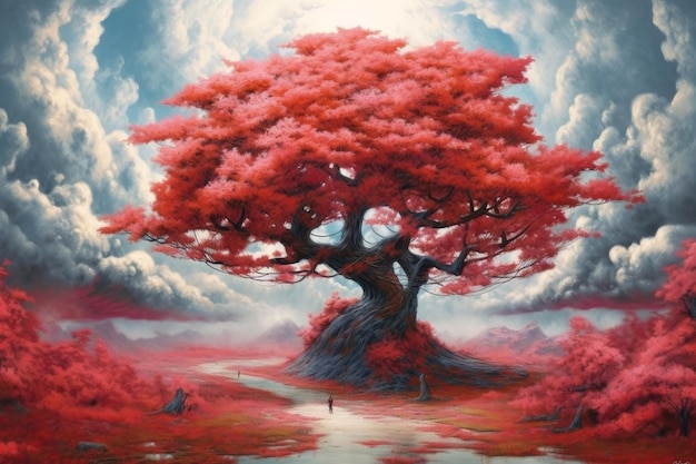 A painting of a tree with a person on it
