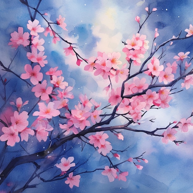 Painting of a tree with pink flowers against a blue sky generative ai