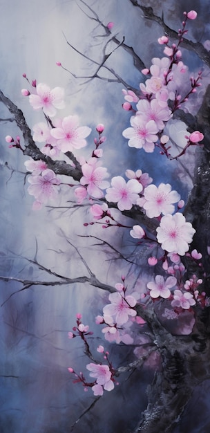 painting of a tree with pink flowers in a blue sky generative ai