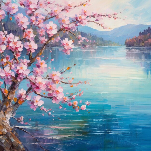 painting of a tree with pink flowers by a lake generative ai