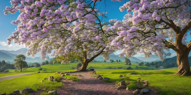A painting of a tree with pink flowers in the foreground