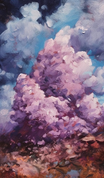 A painting of a tree with pink flowers in the foreground.