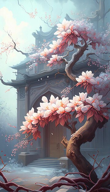 painting of a tree with pink flowers in front of a building generative ai