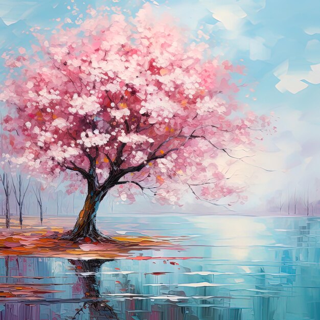 a painting of a tree with pink flowers on it