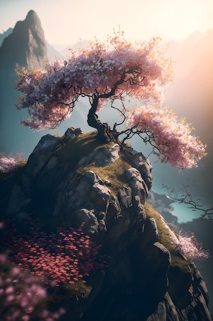 A painting of a tree with pink flowers on it