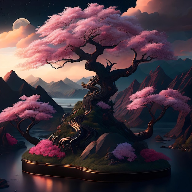 A painting of a tree with pink flowers on it