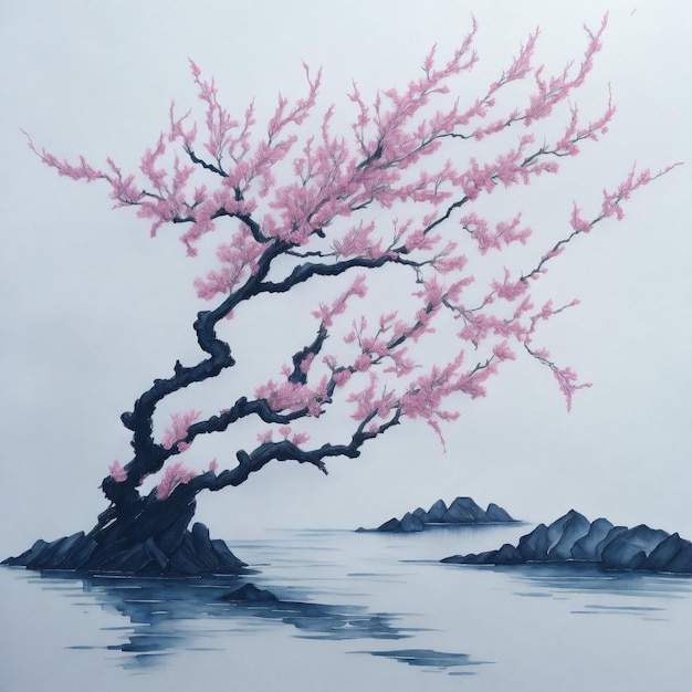 A painting of a tree with pink flowers on it