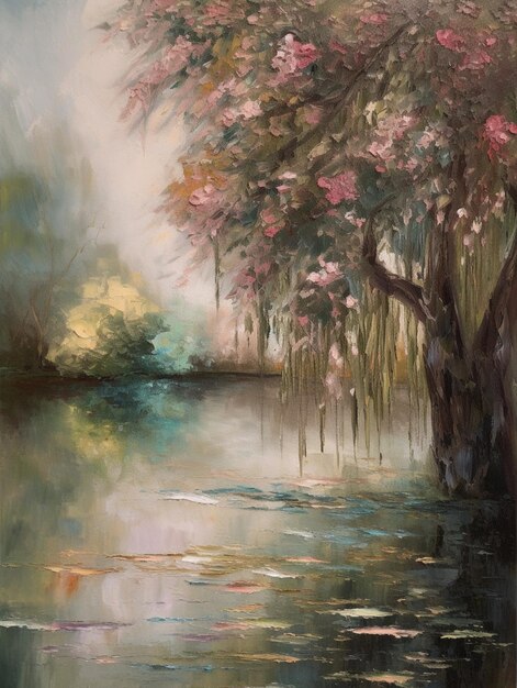 Painting of a tree with pink flowers in a lake generative ai