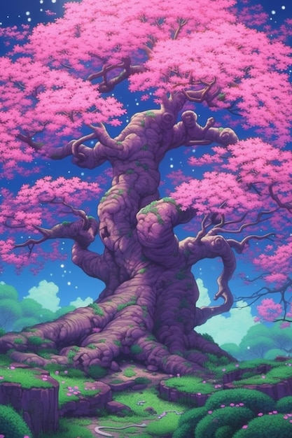 A painting of a tree with pink flowers in the middle of a field generative ai