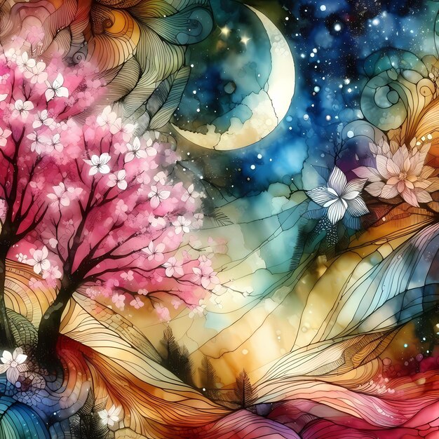 a painting of a tree with pink flowers and the moon