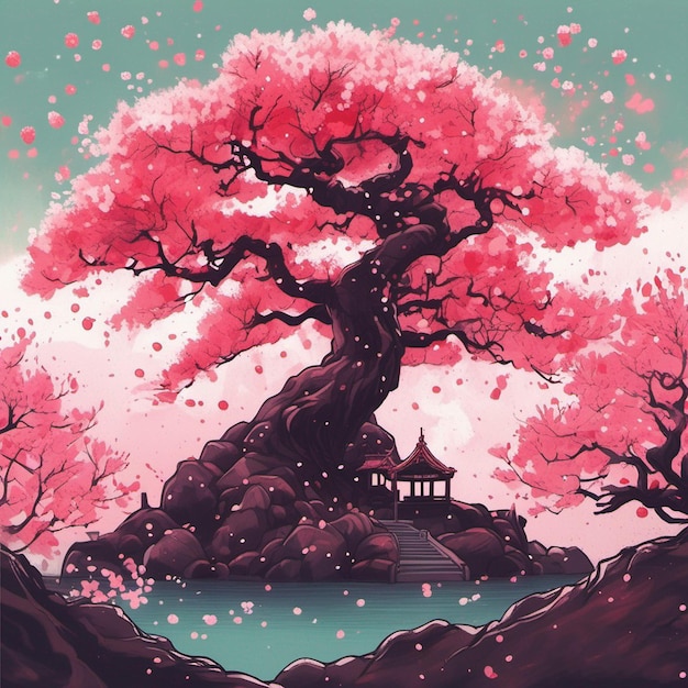 A painting of a tree with pink flowers and a pagoda in the background.