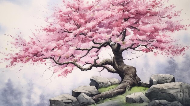 painting of a tree with pink flowers on a rocky hill generative ai