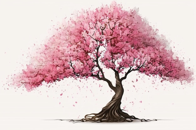 A painting of a tree with pink flowers and roots